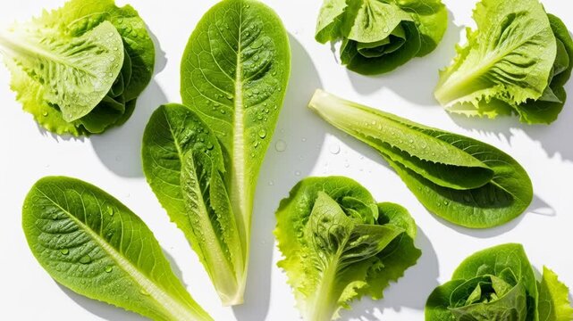 Fresh, dewy green lettuce leaves and hearts scattered on a bright white surface with water droplets and shadows