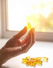 A hand holds a single, golden-yellow gel capsule;  a cluster of similar capsules lies on a white surface beside it, in soft sunlight streaming through a window