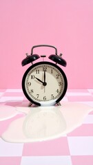 Clock melts over checkerboard on pink background
