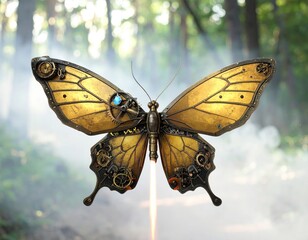 Golden mechanical butterfly floats in dreamy forest