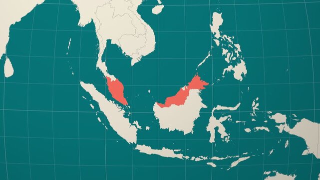 Malaysia map. Animated zoom into the country on the Globe in Teal Pale Mint color palette. Country logo animation. Map with meridians, parallels. Vibrant video.