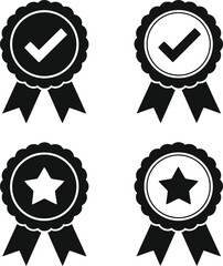 Various Guarantee Badges Featuring Checkmarks and Stars Emblems with Decorative Ribbons Ideal for Website Design or Marketing Materials Featuring a Black and White Color Palette