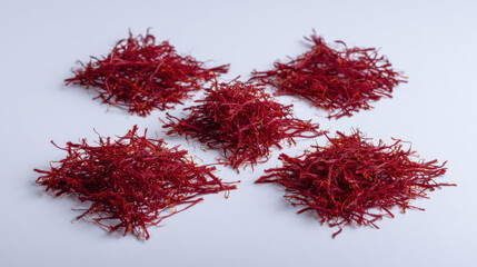 Naklejka premium Vibrant red saffron threads arranged on a clean white background. the luxurious spice saffron, known for its distinct flavor and color.
