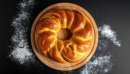Braided ring bread on board, dusted