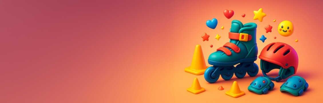 Colorful roller skating gear with helmet and pads on gradient background with copy space for leisure activity or hobby promotion concept. Ai generative