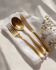 Elegant festive table setting with golden cutlery and folded napkin, perfect for celebration and dining.