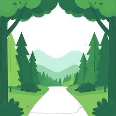Landscape Scenery of Green Forest and Mountain in Flat Style Illustration with Trees and Pathway at Bright Day Time