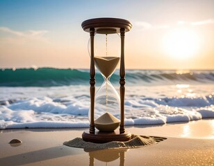 Hourglass on beach with ocean waves and a setting sun