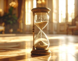 Hourglass on ornate floor, sunlit room