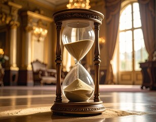 Hourglass in ornate room. Time passes. Light shines