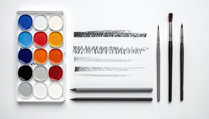 Painting setup watercolor palette, strokes, pencils, brushes