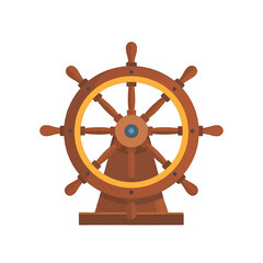 Pixel Art Style Brown Wooden Ship Wheel with Gold Trim and Blue Center on White Background