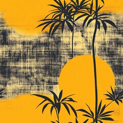 Seamless tropical sunset with palm silhouettes, vintage orange wallpaper design.