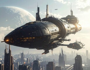 Futuristic spaceship flies over a sprawling city