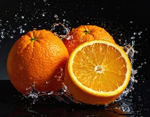 Three oranges with water splashing, cut open fruit