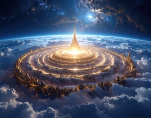 Celestial city floats above clouds, emitting golden light