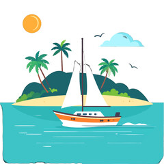 Coastal Illustration with Orange Sailboat Turquoise Water Green Palms and Yellow Sun Under Cloudy Sky in a Bright Flat Design