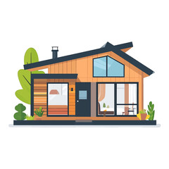 Cozy Home Illustration of a Modern Prefabricated House with Wood Paneling and Large Windows Amidst Lush Green Trees in an Urban Setting on White Background