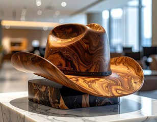 Wooden cowboy hat sculpture on marble base