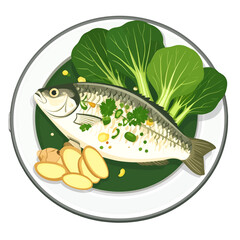 Overhead View of Steamed Fish on White Plate with Green Bok Choy and Ginger in Flat Pixel Art Style