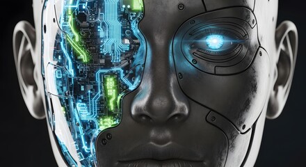 Detailed close-up of an advanced android robot face with exposed glowing internal circuitry and a bionic eye, symbolizing artificial intelligence