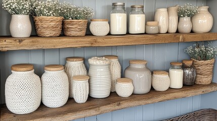 Rustic shelves adorned with neutral-toned pottery and woven textures evoke a cozy ambience