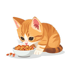 Adorable Striped Cat Enjoying Meal from Bowl with White Background
