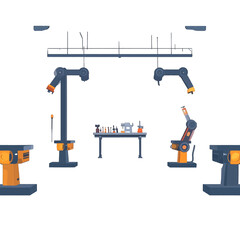 Pixel Art Illustration of Automated Assembly Line with Industrial Robots and Workstation Setup in White Background