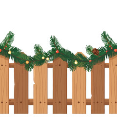 Festive Christmas Green Garland with Lights and Pine Cones on a Rustic Brown Wooden Fence with a White Background