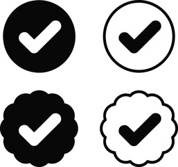 Four Verification Check Mark Icons in Circle and Scalloped Shapes in Black and White for Design Elements and User Interface Purposes