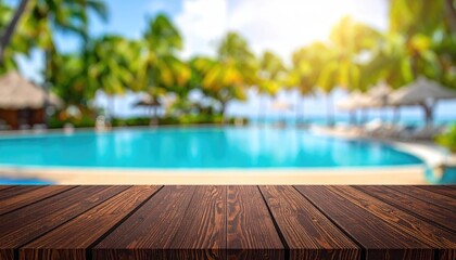 Wooden tabletop overlooking a tropical pool