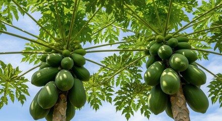 Two papaya trees laden with ripening fruit, showcasing the abundance and tropical nature of the papaya plant in a lush, green setting