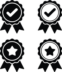Collection of Awards and Recognition Symbols Featuring Checkmarks and Stars Acknowledging Achievement or Endorsement With Ornate Rosettes and Classic Ribbons
