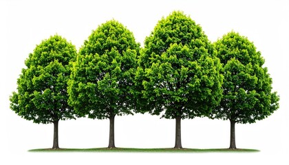Four vibrant green trees in a row against a white background. Lush foliage crowns each tree, creating a symmetrical arrangement.  A grassy base is visible