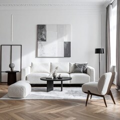 Modern minimalist living room with off-white sofa, coffee table, and accent chair.  A monochrome abstract art piece hangs on the wall. 