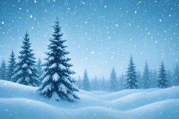 Fototapeta premium Beautiful winter landscape with snow-covered pine trees, gentle snowfall, bright blue sky, soft lighting, shining snow texture, peaceful and serene atmosphere, realistic nature photography, frosty for