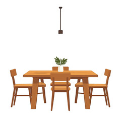 Isometric Dining Room with Brown Wood Table Chairs and Green Plant in White Pot Under Dark Ceiling Lamp on White Background