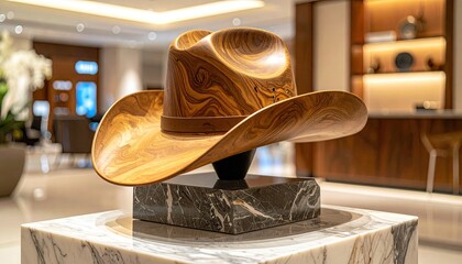 Wooden cowboy hat sculpture on marble base in modern space