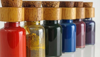 Row of colorful liquid vials with wooden/cork stoppers