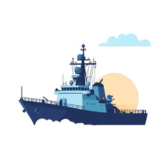 Pixel Art Illustration of a Navy Warship Under a Cloudy Sky with a Sun in Background
