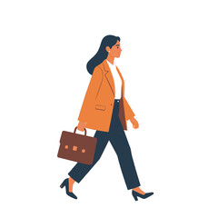 Walking Professional Woman in Orange Blazer and Dark Trousers Carrying a Briefcase Isolated on White Background Vector Illustration Style Image