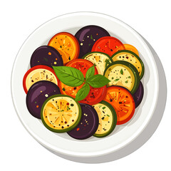 Colorful Pixel Art Vegetable Dish with Tomato Eggplant and Zucchini on White Plate