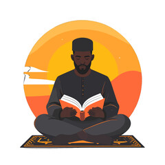 Man Meditating with Book on Prayer Rug with Orange Background