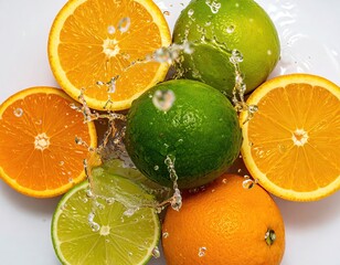 Citrus fruit splashed with water on a clean white surface