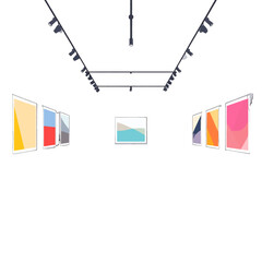 Art Gallery Exhibition with Abstract Paintings on White Walls and Track Lighting in Contemporary Space Minimalist Interior Design for Modern Art Show