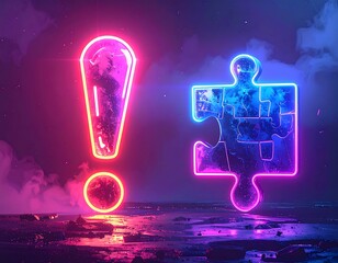 Glowing neon exclamation mark and puzzle piece in a futuristic setting