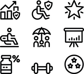 Diverse Iconographic Representation of Business, Health, and Protection Themes in a Bold and Minimalist Style Graphic Design