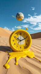 Melting clock in desert under planet. Surreal art
