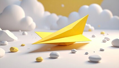 Yellow paper airplane amid soft white clouds
