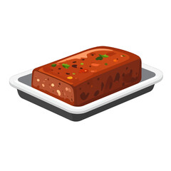 Rectangular Brown Loaf Topped with Herbs on White Tray Isolated on White Background